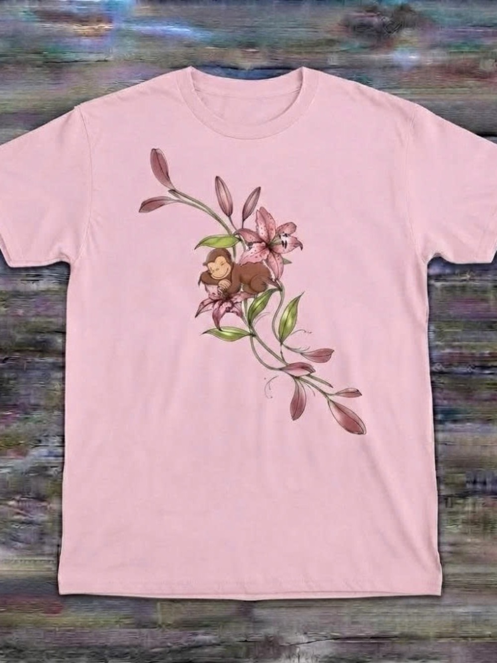 Gildan Pink Floral Monkey Graphic Tee For All Shirt